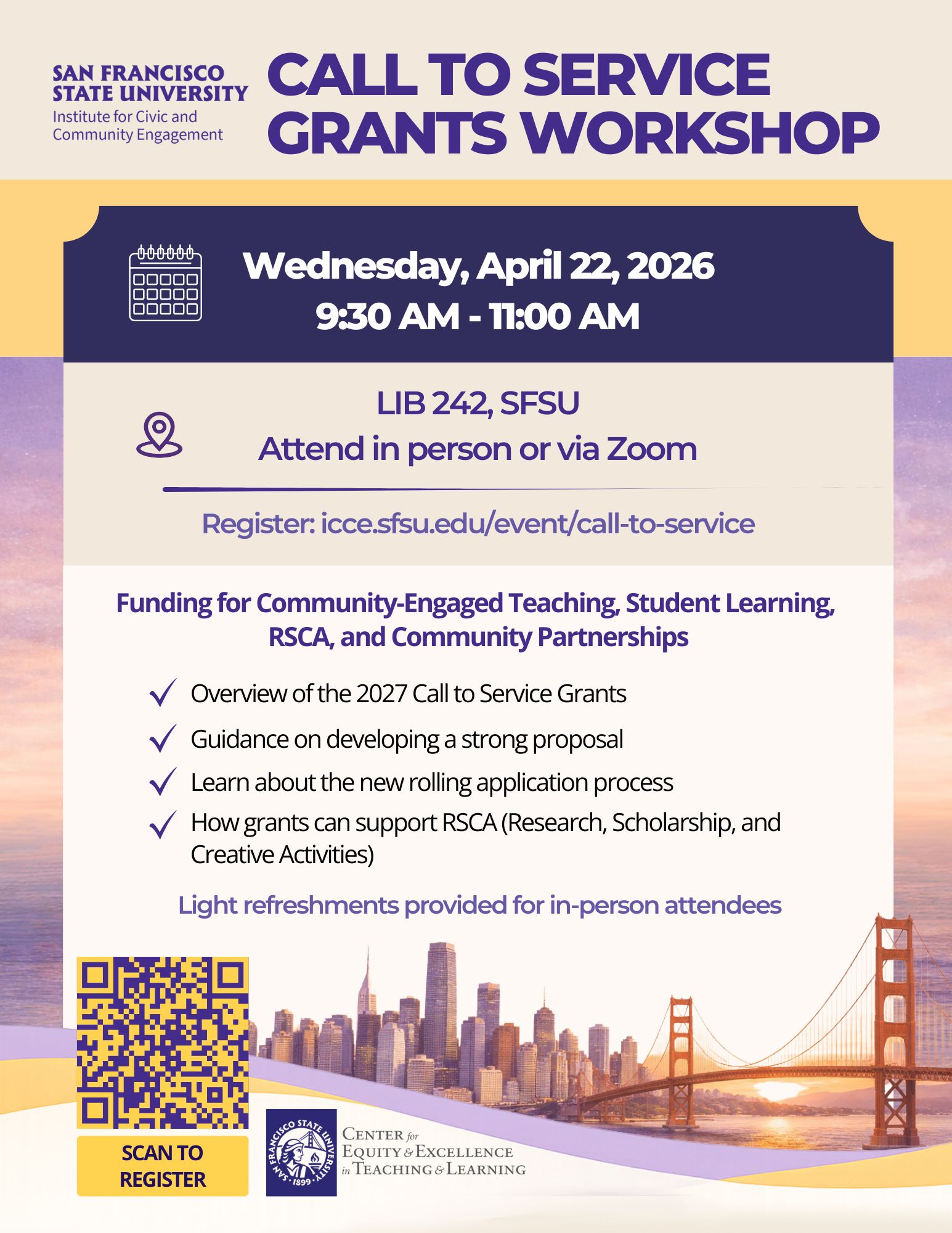 Flyer with details about the ICCE and CEETL Call to Service workshop on April 22, 2026.