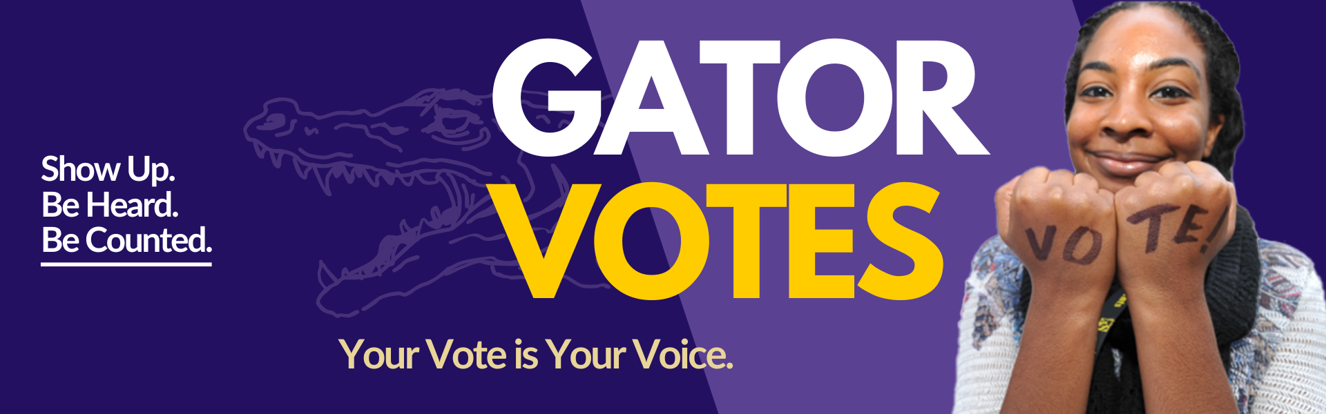 Gator Votes Banner with student and vote on her hands