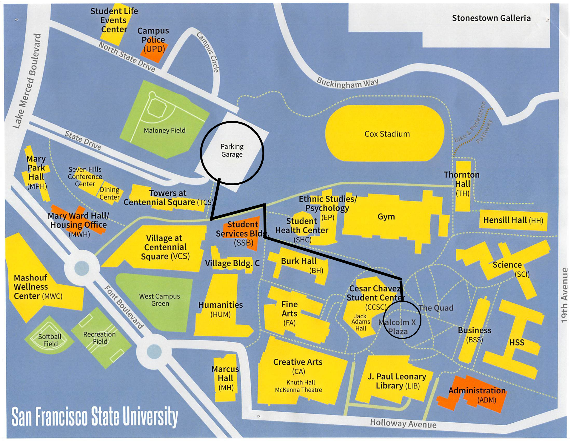 Directions from Lot 20 to the outdoor quad in front of the Cesar Chavez building
