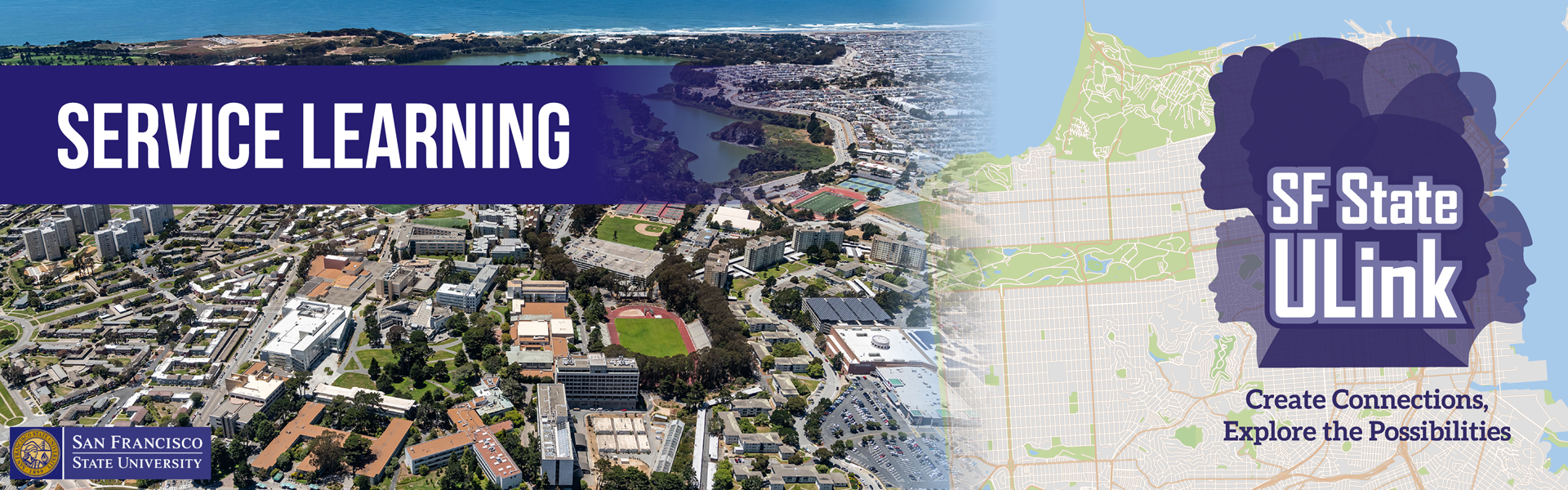 SF State campus with ULink logo with a headline text saying "Service Learning"