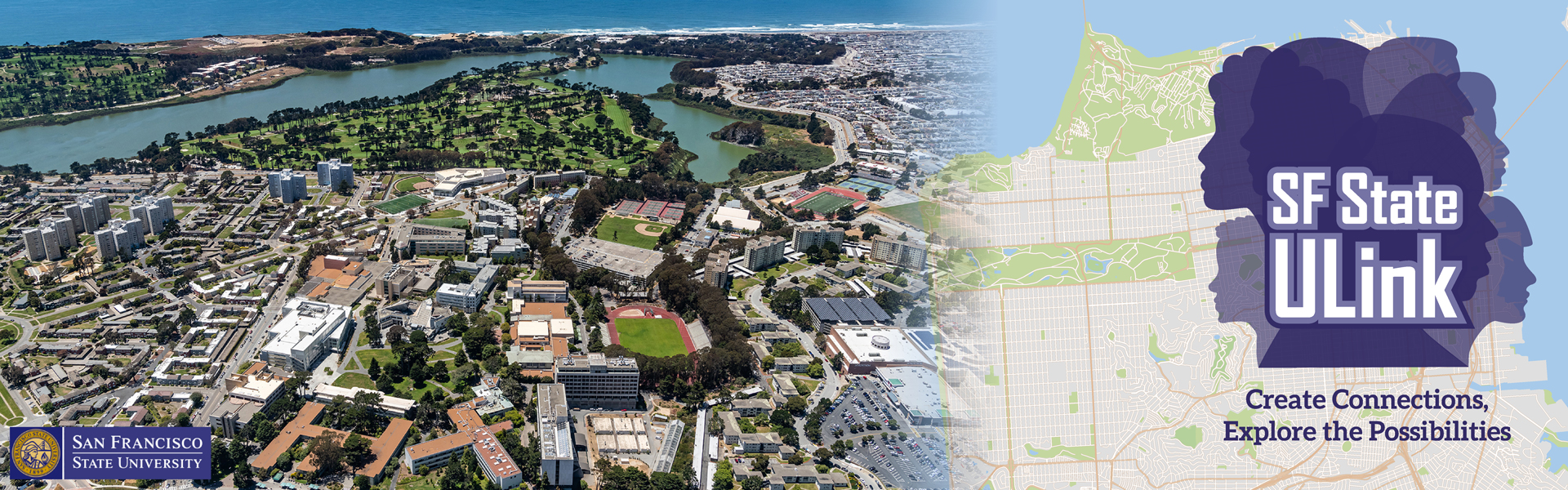 Aerial view of SF State campus and SF State ULink logo