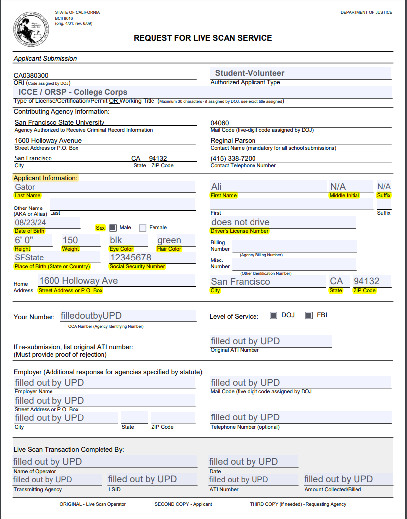 Example of COMPLETED LIVESCAN to send to College Corps Staff