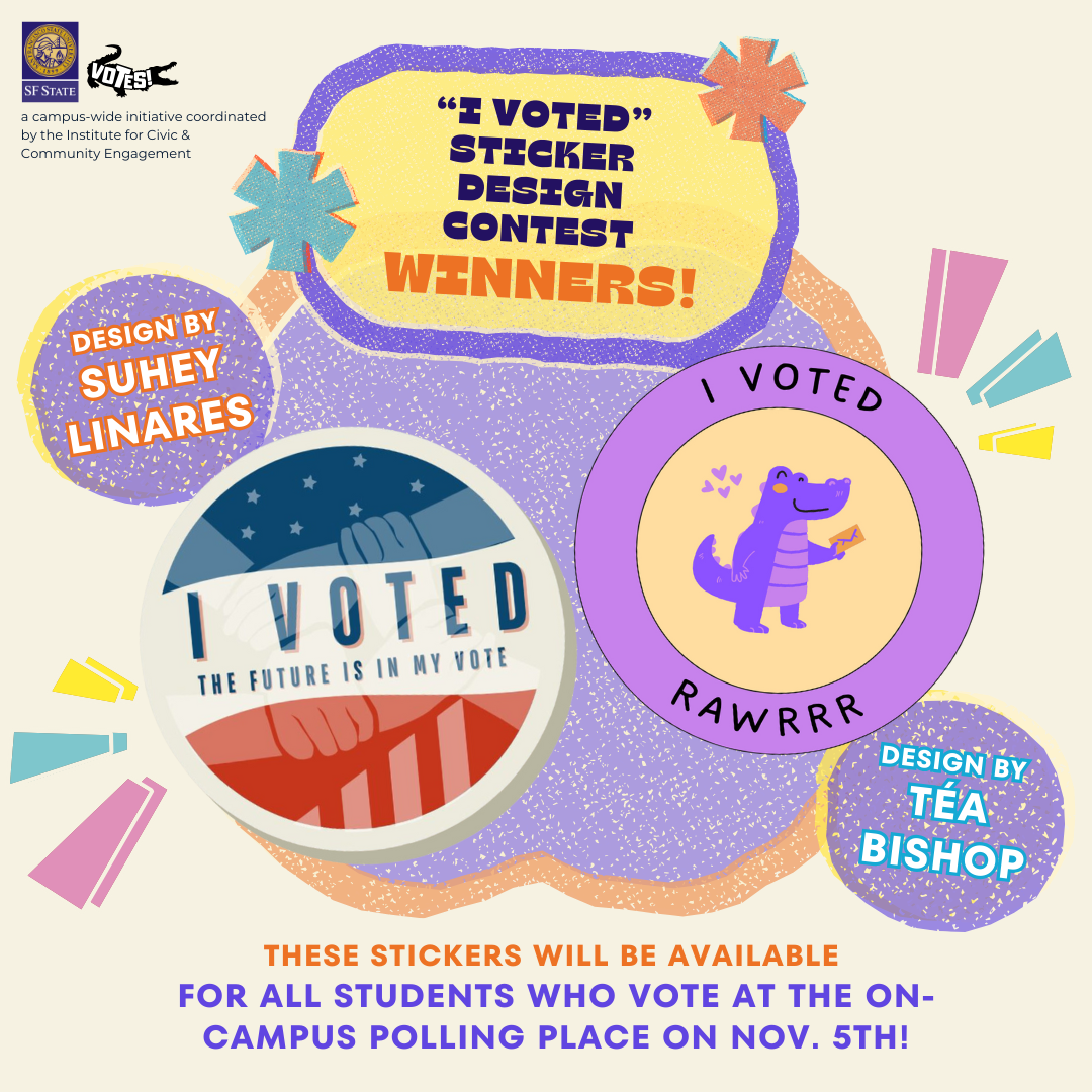 Winning "I Voted" Sticker Contest Designs. 