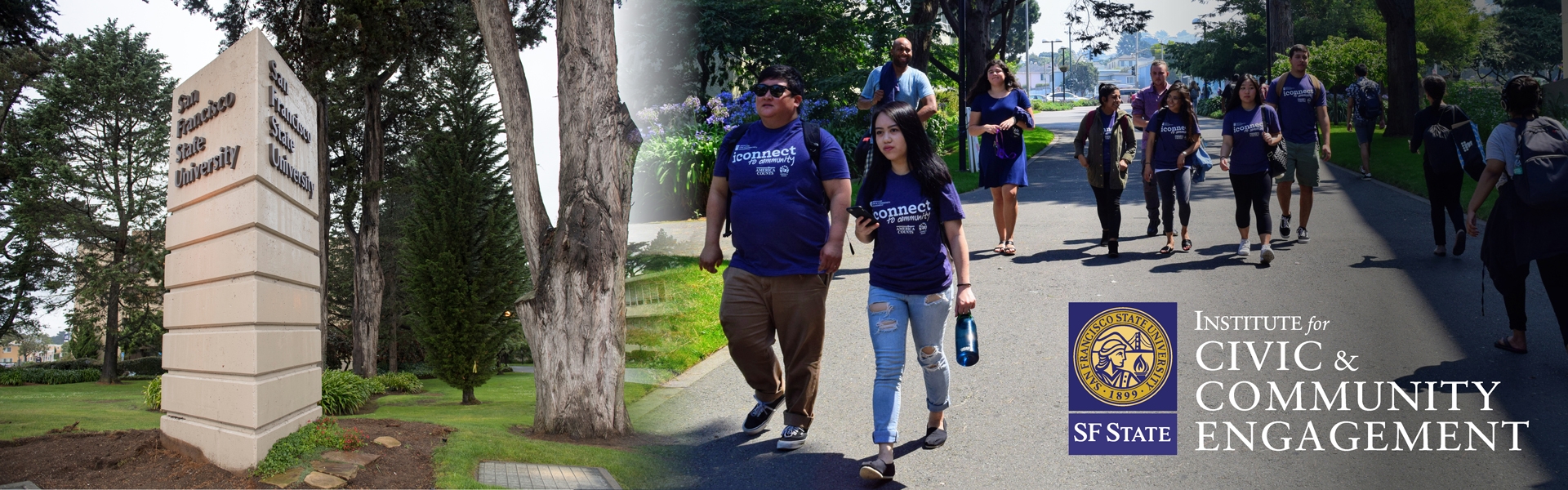 iconnect students walking on SF State campus by SF State entry way