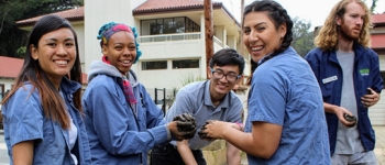 group of students working outside with their hands
